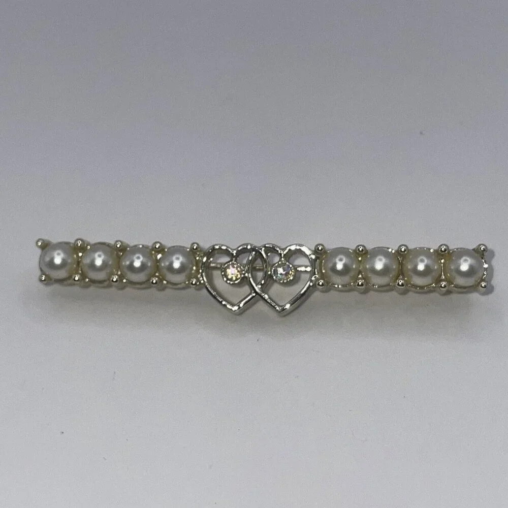 VTG 60s SARAH COVENTRY Bar Brooch Pin Faux Pearl Hearts AB Rhinestones Gold Tone